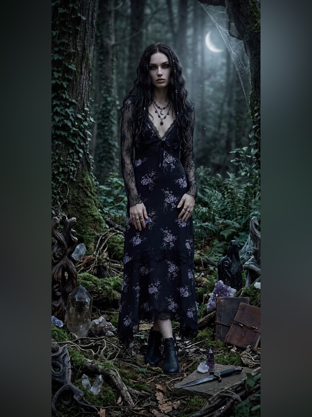 Whimsygoth Dark Floral Lace Trim Midi Dress 90s Grunge Asymmetrical Hem Size L